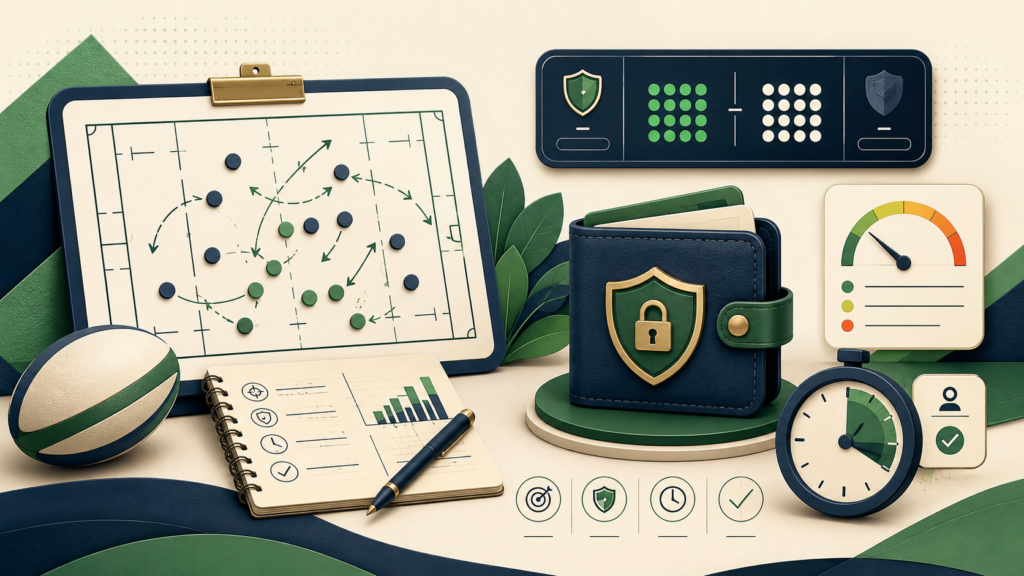 Tableau tactique de rugby, portefeuille protégé, budget et chronomètre pour encadrer une session.